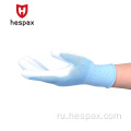 Hespax Pu покрыт 13G полиэфирные вязаные голубые перчатки